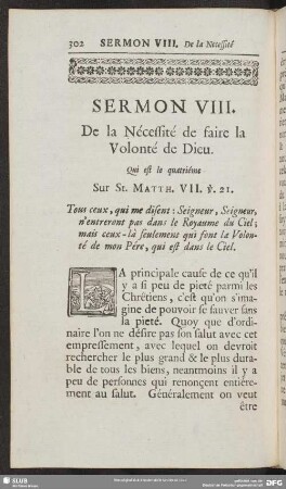 Sermon VIII. De la Necessitate de faire la Volonte de Dieu