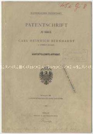 Patentschrift eines Kartoffelernte-Apparates, Patent-Nr. 8352