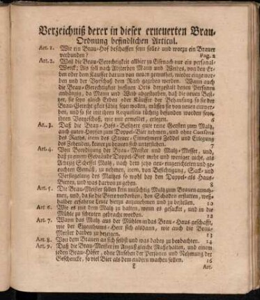 Verzeichniß derer in dieser erneuerten Brau-Ordnung befindlichen Aticul.