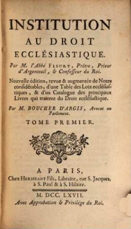 Institution Au Droit Ecclésiastique, Tome Premier