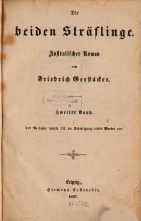 Die beiden Sträflinge : australischer Roman, 2. Band