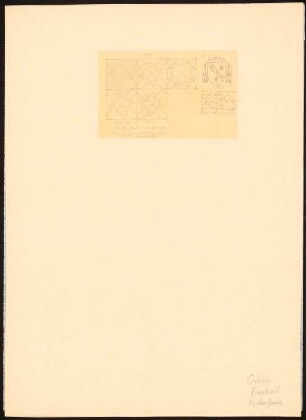 Terrakotta-Fliesen in der Klosterkirche und Wappen, Orbais: Durchzeichnung? Ansicht Muster emaillierter Terrakottafliesen (nach Revue archéológique, 1876?, vgl. Inv.Nr. 44290) und Wappen von Louis de Bourbon-Véndome, mit Farb- und Maßangaben