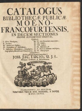 Catalogus Bibliothecæ Publicæ Moeno-Francofurtensis : In Decem Sectiones Ordine Alphabetico Digestas : Quarum I. Libros Theologicos, II. Juridicos, III. Medicos & Physicos, IV. Philosophicos & Miscellaneos, V. Historicos ... VI. rem literariam concernentes, VII. Gallico, VIIII. Italico, IX. Hispanico, & X. Batavico idiomate conscriptos, XI. Manuscripta complectitur