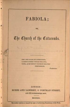 Fabiola; or, the church of the Catacombs : (By Card. Wiseman)