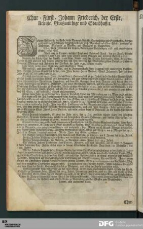 Chur-Fürst, Johann Friederich, der Erste, Aeltiste, Großmüthige und Standhaffte.