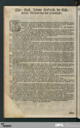 Chur-Fürst, Johann Friederich, der Erste, Aeltiste, Großmüthige und Standhaffte.