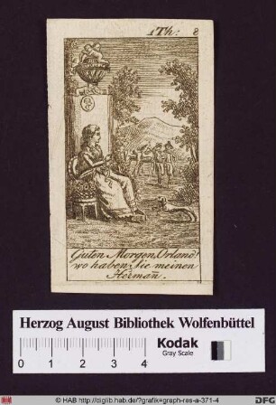 An einem von einer Vase mit Putti bekrönten Postament sitzende Frau,im Hintergrund zwei Offiziere mit Pferden.