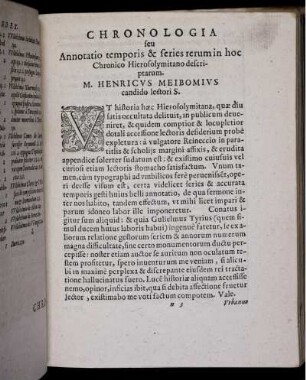 Chronologia seu Annotatio temporis & series rerum in hoc Chronico Hierosolymitano descriptarum. M. Henricus Meibomius candido lectori S.