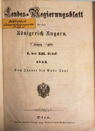 Landesregierungsblatt für das Königreich Ungarn = Magyarországot illető Országos Kormánylap. 4, 4. 1853