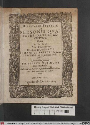 Disputatio Feudalis. De Personis Quae Feuda Dant Et Accipiunt
