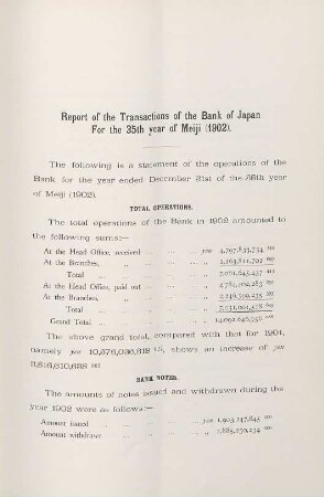 Report of transactions of the Bank of Japan for the 35th year of Meiji (1902)
