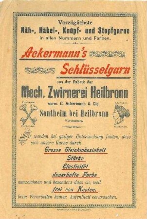 Werbeblatt für Ackermann´s Schlüsselgarn der Mech. Zwirnerei Heilbronn