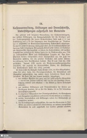 IX. Kassenverwaltung, Stiftungen und Vermächtnisse, Unterstützungen außerhalb der Gemeinde