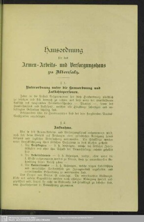 Hausordnung für das Armen-, Arbeits- und Versorgungshaus zu Altensaltz