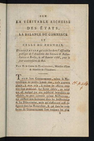 273-324, Sur la Véritable Richesse des États, la Balance du Commerce et Celle du Pouvoir.