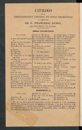 Catálogo de la administración general de obras dramáticas y líricas de D. Francisco Rubio