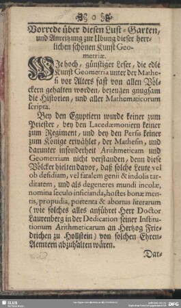 Vorrede über diesen Lust-Garten, und Anreitzung zur Ubung dieser herrlichen schönen Kunst Geometriae