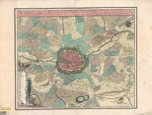 Stadtplan von Braunschweig, ca. 1:12 500, Kupferst., nach 1757 : Tabula Ichnographica Accuratissima Brunsvigae, Ducatus Brunsvicensis Metropolis Munitissimae Et Amplissimae Nec Non Regionis : Cu. Pr. S. Vic. in part. Rhen. Suev. et Franc. jur. = Accurate Ichnographische Vorstellung Der Haupt-Stadt Und Vestung Braunschweig Nebst Der Um Dieselbe Liegenden Gegend / Quae Eam Cingit, Ex Delineatione Recentissima Aeri Incisa Et Excusa Per Matthaeum Seutterum, S. C. M. Geogr.. - [Ca. 1:12 500]. - Augsburg : Tobias Conrad Lotter , [nach 1757]. - 1 Kt. : color. Kupferstich ; 58 x 45 cm