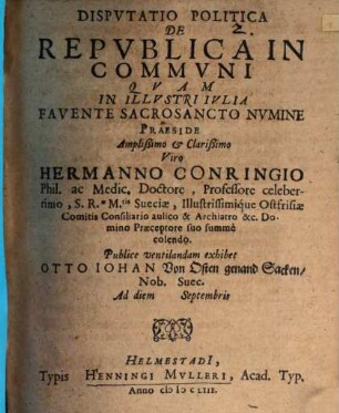 Dissertatio Politica De Republica In Communi