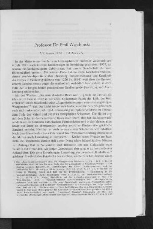 Professor Dr. Emil Waschinski : * 13. Januar 1872 + 4 Juli 1971