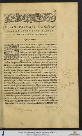 Iuliani Palmarii Constantini De Morsu Canis Rabidi Et Hydrophobia