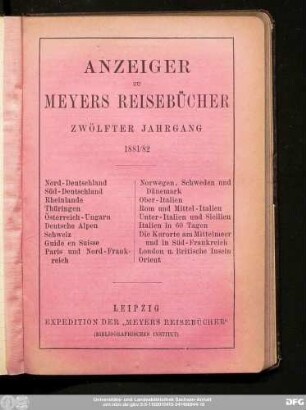 Anzeiger zu Meyers Reisebücher Zwölfter Jahrgang 1881/82