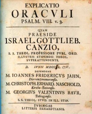 Explicatio Oracvli Psalm. VIII. v. 3.