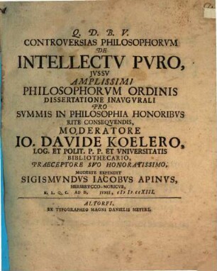 Controversias philosophorum de intellectu puro