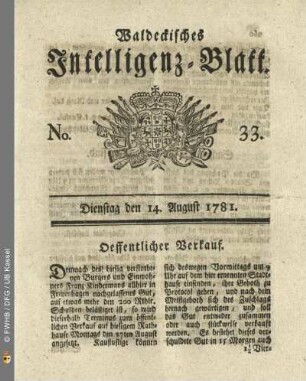 No. 33, Dienstag den 14. August 1781