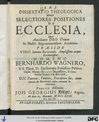 Dissertatio Theologica sistens Selectiores Positiones De Ecclesia