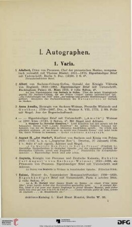 I. Autographen (Nr. 1-263)