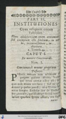 Pars III. Circa reliquam curam Pastoralem.