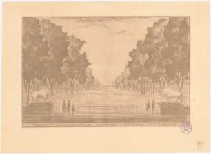 Erweiterungsplanung Volkspark Jungfernheide (Nordostteil), Berlin-Wedding: Perspektivische Ansicht mit Blick vom nördlichen Eingang mit zwei Stierplastiken in die Mittelachse nach Süden, Stempel