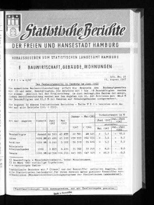 Das Bauhauptgewerbe in Hamburg im Juni 1967 : Lfd. Nr. 22
