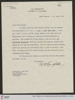 Briefe von William Wallace Campbell an Max Wolf: Brief von William Wallace Campbell an Max Wolf