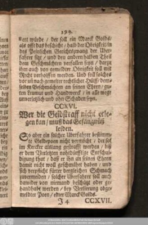 CCXVI. Wer die Geldstraff nicht erlegen kan/ muß Gefängüß leiden.