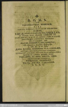 Rector Academiae Lipsiensis Ad Funeralia Sacra Honoribus Supremis Viri ... Dn. Lucae Lyseri ... Hora III. destinata Civium Academicorum praesentiam Amanter & officiose invitat