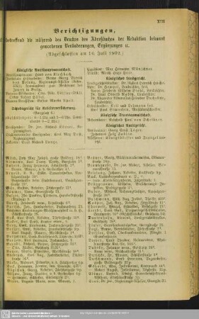 Berichtigungen, betreffend die während des Druckes des Adreßbuches der Redaktion bekannt gewordenen Veränderungen, Ergänzungen, Neuzuzug, Abgang etc.