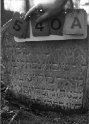 Grabstein 540 (Index: 100115400) Material: Sandstein Zustand: verwittert Maße HxBxT: 68x58x8 cm Beschreibung: Stele mit Segmentbogenabschluß, eingetieftes Schriftfeld: Grabstein 540A