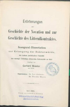 Erörterungen zur Geschichte der Novation und zur Geschichte des Litteralkontraktes