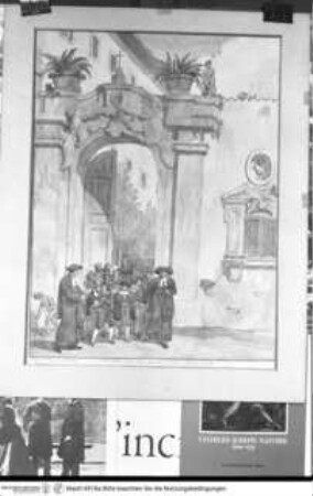 Palazzo Zuccari, Gartenfassade mit Maskenportal; zwei Geistliche führen eine Gruppe Kinder auf die Straße