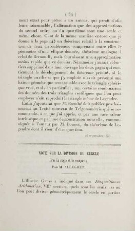 Note sur la division du cercle par la règle et le compas.