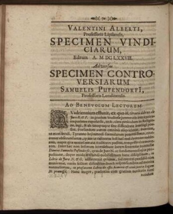 Valentini Alberti, Professoris Lipsiensis, Specimen Vindiciarum, Editum A. M.DC.LXXVIII. Ad versu Specimen Controversiarum Samuelis Pufendorfi, Professoris Londinensis.