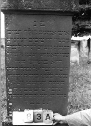 Grabstein 83 (Index: 100108200) Material: roter Sandstein Zustand: leicht verwittert Maße HxBxT: 170x62x30 cm Beschreibung: Stele mit Giebelaufsatz, Seitenakroterien und Mittelpalmette, getreppter Sockel: Grabstein 83A