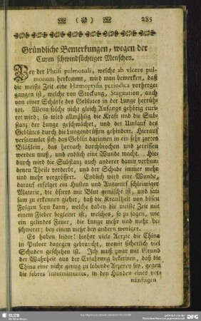 Gründliche Bemerkungen, wegen der Curen schwindsüchtiger Menschen
