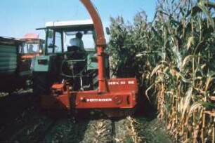 Fotografie: Futtererntetechnik, Maissilage, Maishäcksler angebaut, Parallelverfahren