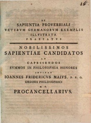 De Sapientia Proverbiali Vetervm Germanorvm Exemplis Illvstrata Praefatvs
