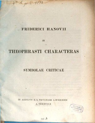 In Theophrasti Characteras symbolae criticae, (Pars 1)