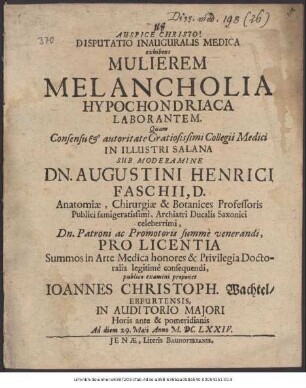 Disputatio Inauguralis Medica exhibens Mulierem Melancholia Hypochondriaca Laborantem