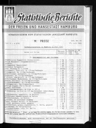 Verbraucherpreise in Hamburg im Juni 1965 : Lfd. Nr. 24